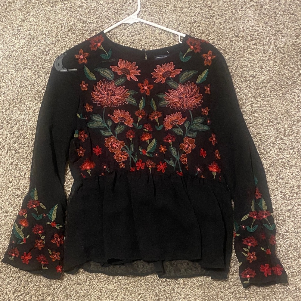 American Eagle Outfitters Black Blouse with Red Floral Design